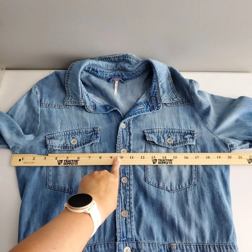 Free People Blue Denim Cotton Linen Button Front Midi Shirt Dress Medium Western - Picture 6 of 13